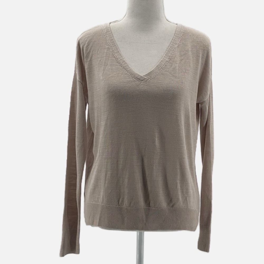 Theory V Neck Linen & Viscose Pullover Knit Top In Beige - Size Small